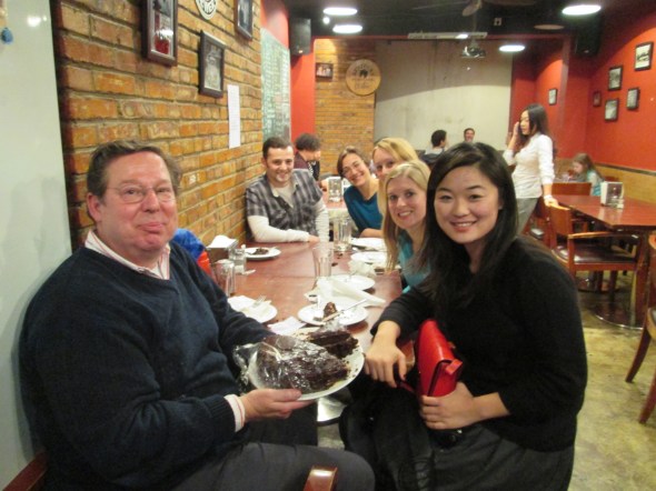 Birthday barbecue: Plates of tasty food at Home Plate BBQ in Beijing (with Troy Hernandez, Agnes Kreitz, Sara Balajthy, Caroline Ward and Mengfei Chen)