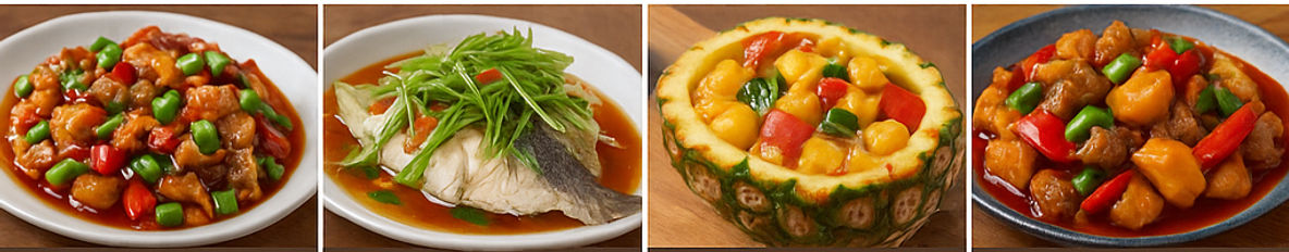 Kung Pao Chicken, Steamed Fish with Ginger and Soy Sauce, Biangbiang Noodles, Pineapple Rice and Da Pan Ji (Images by ChatGPT)