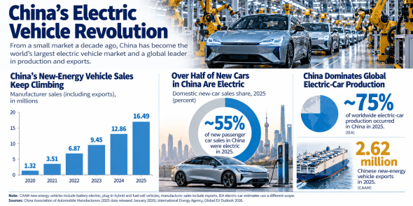 Infographic titled 'China's Electric Vehicle Revolution' featuring statistics on China's electric vehicle sales, production, and market share for new-energy vehicles from 2020 to 2025.