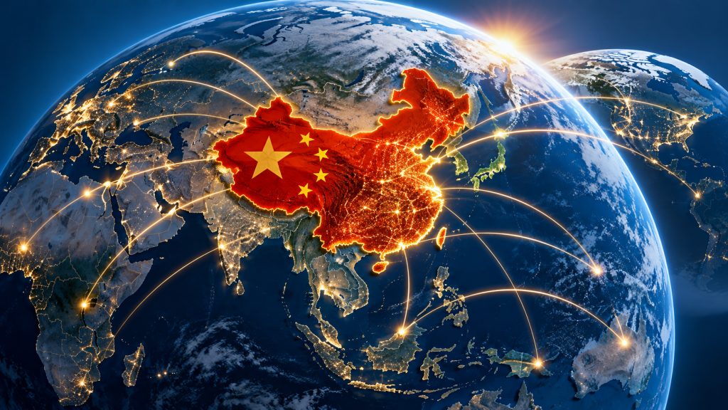A digital representation of the globe highlighting China with interconnected lines symbolizing global connectivity and trade.
