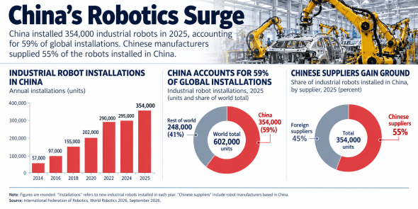 Infographic titled 'China's Robotics Surge' detailing the increase in industrial robot installations in China, with statistics for 2015 to 2025. It highlights that China installed 354,000 robots in 2025, making up 59% of global installations. Includes bar graph for annual installations, pie charts showing China's share and the role of Chinese suppliers.