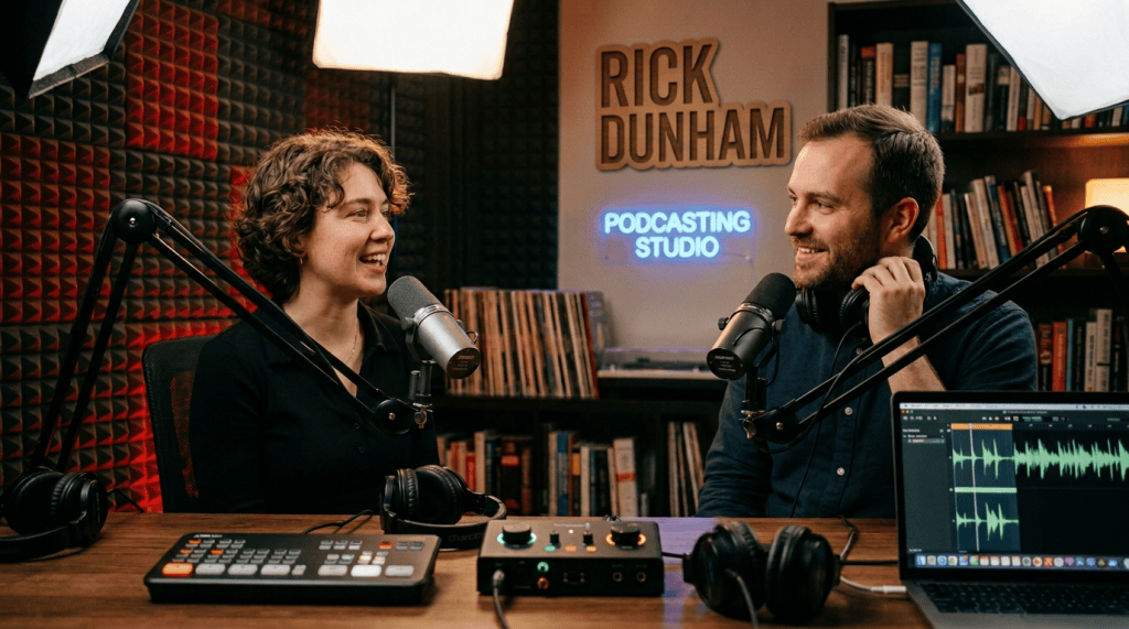 Two podcast hosts speaking into microphones; signs read “GLOBAL BUSINESS JOURNALISM” and “PODCASTING STUDIO.”